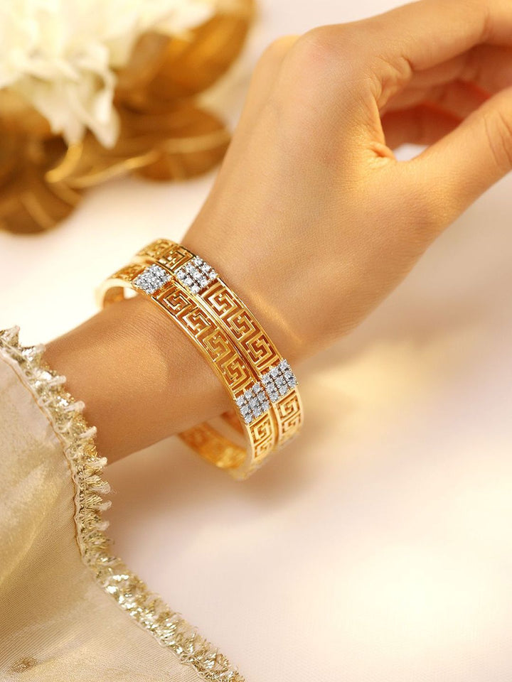 Rubans Set of 2 22K Gold-Plated Greek Key Design & Cubic Zirconia Handcrafted Bangles