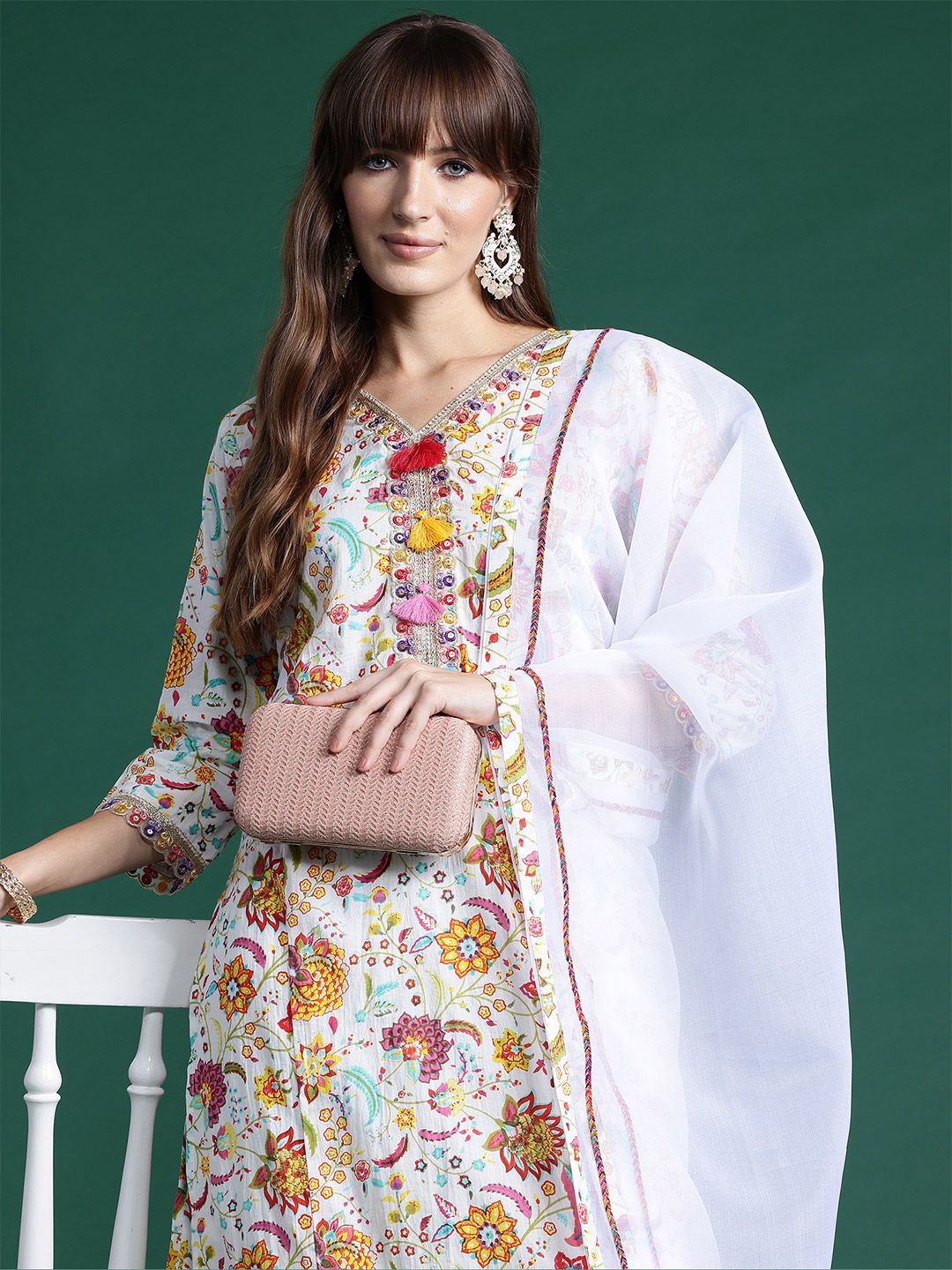 Indo Era Women Floral Printed Regular Thread Work Pure Cotton Kurta with Trousers & With Dupatta