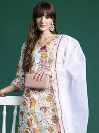 Indo Era Women Floral Printed Regular Thread Work Pure Cotton Kurta with Trousers & With Dupatta