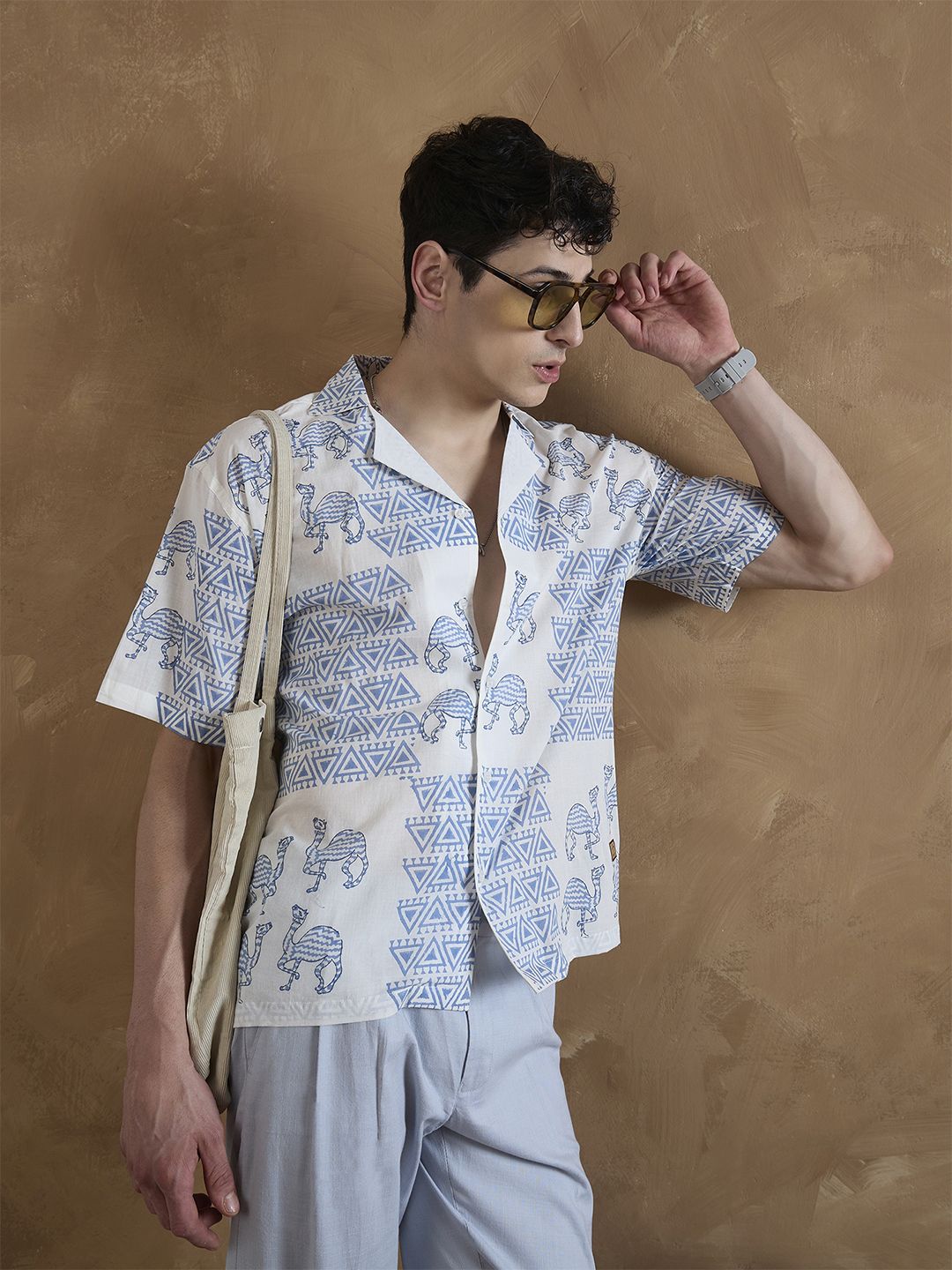 DENNISON Men Off White and Blue Hand Block Printed Shirt