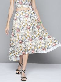 SASSAFRAS Women Off-White & Green Floral Accordion Pleated Asymmetric Skirt