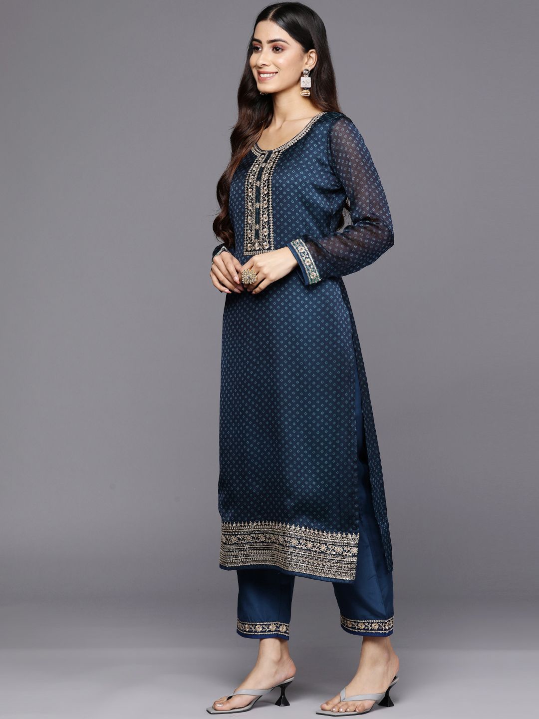 Libas Women Blue Bandhani Printed Kurta with Trousers & With Dupatta