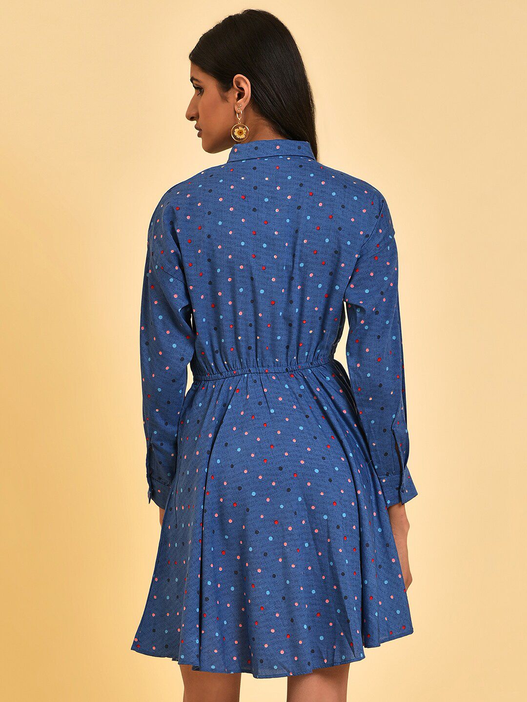 W Blue Polka Dots Embroidered Detailed Shirt Collar  Fit & Flare Dress