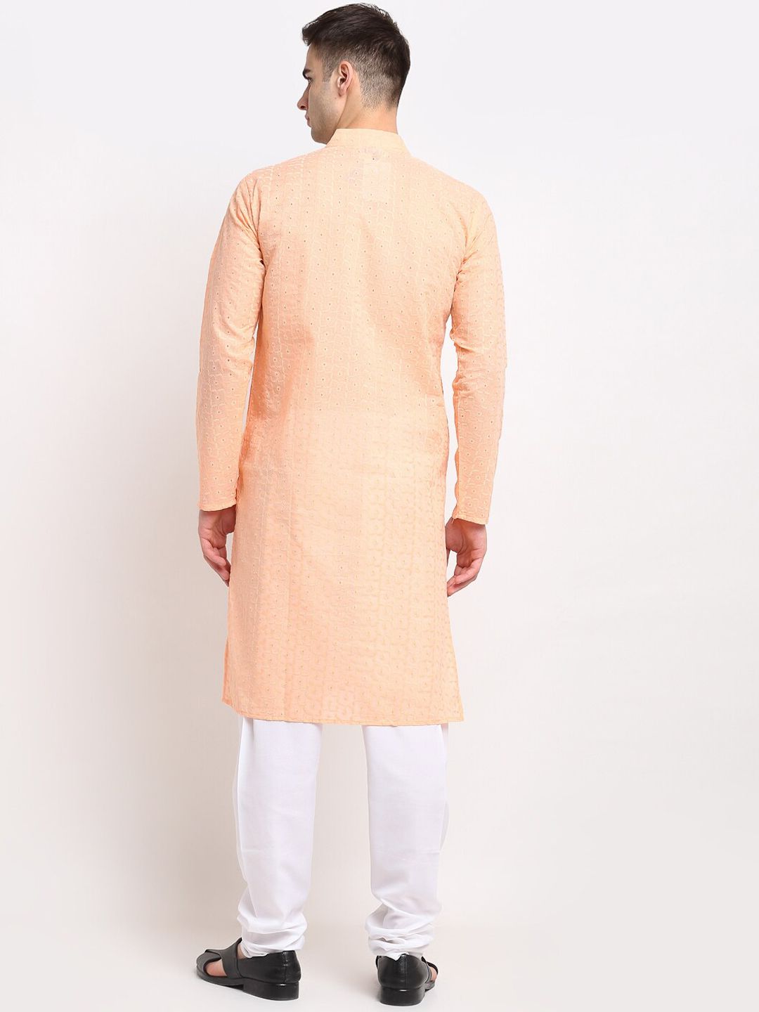 Jompers Men Orange & White Geometric Embroidered Pure Cotton Kurta With Churidar