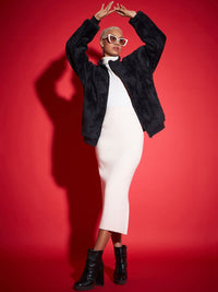 SASSAFRAS Black Mock Collar Faux Fur Trim Detail Bomber Jacket