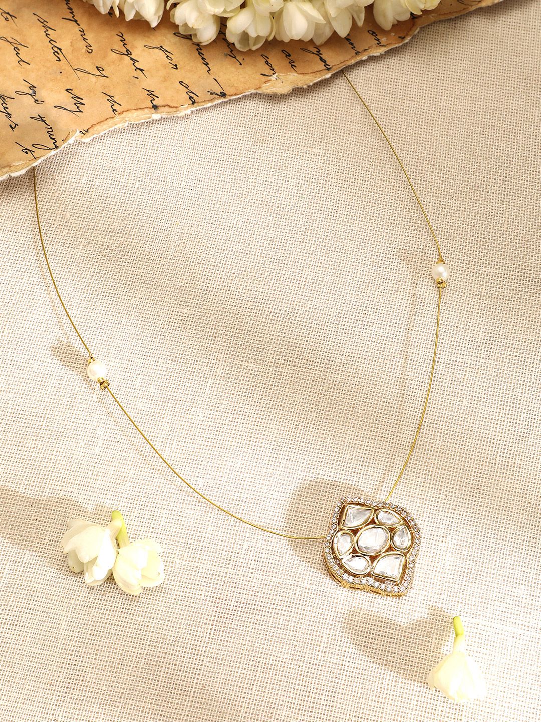 Rubans 22K Gold-Plated Kundan & Cubic Zirconia Pendant Necklace with Pearl Detailing