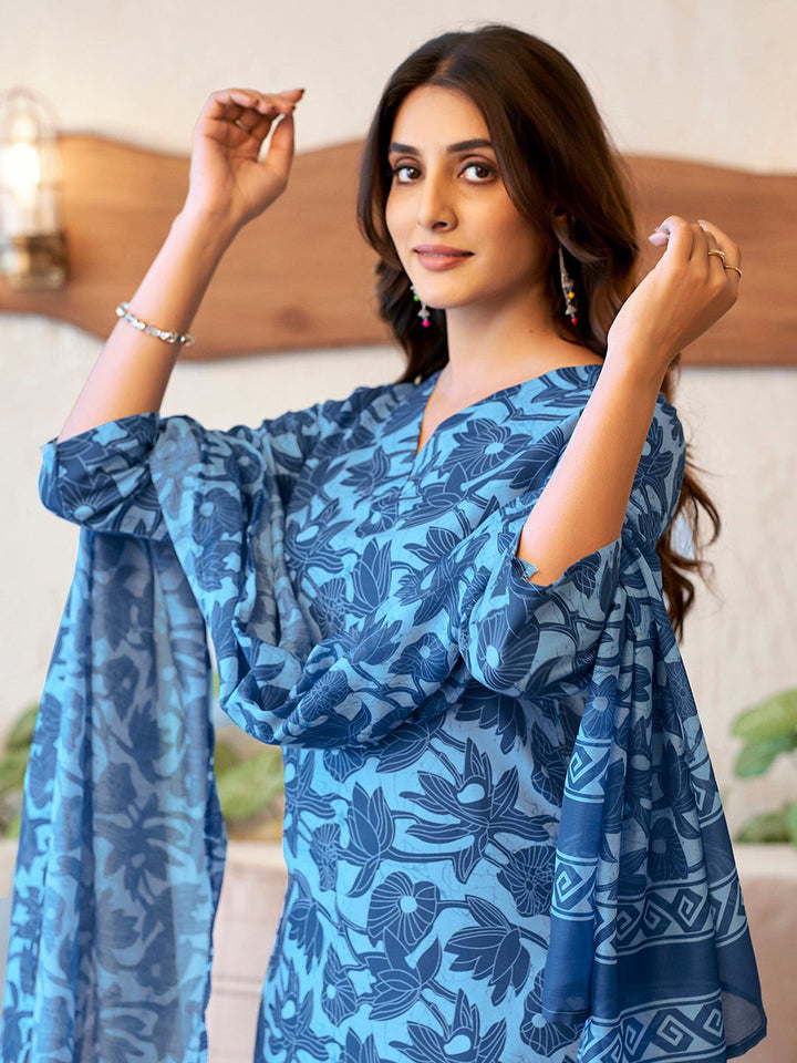 KALINI Floral Printed Regular V Neck Straight Kurta With Salwar & Dupatta