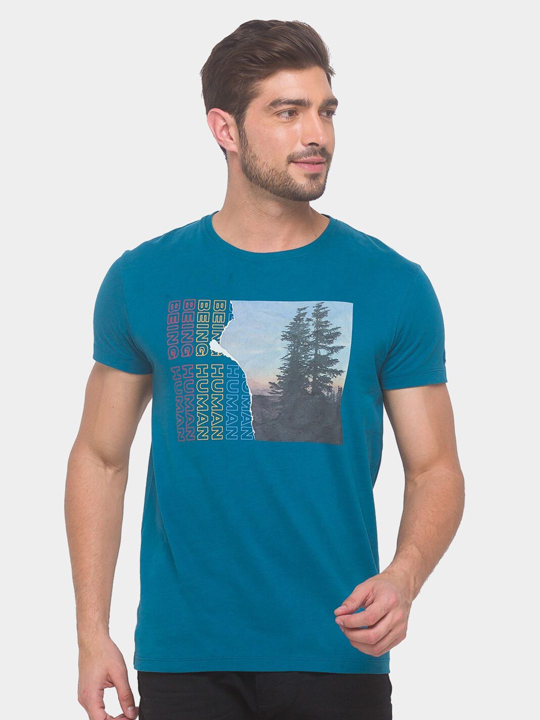 Being Human Men Blue & Yellow Printed Round Neck Cotton T-shirt