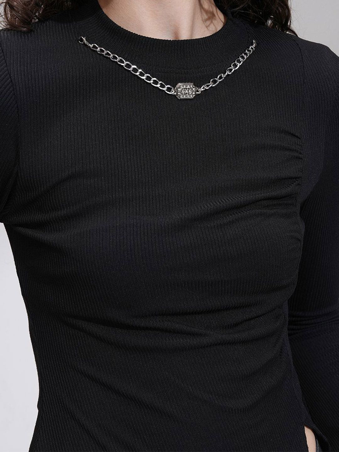 Tokyo Talkies Women Ribbed Mock Neck Bell Sleeve Fitted Top