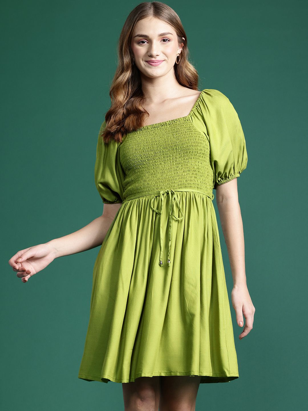 DressBerry Puff Sleeve A-Line Mini Dress with Belt