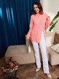 Berrylush Ribbed High Neck Split Hem Acrylic Pullover Sweater
