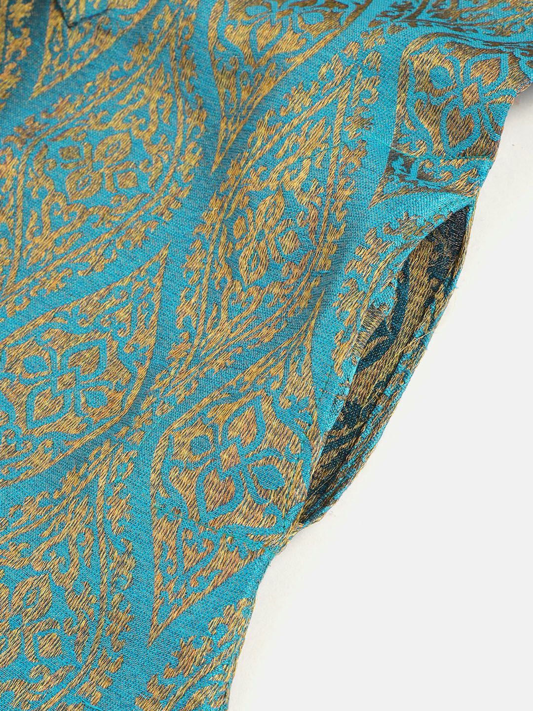 SOJANYA Boys Blue & Beige Ethnic Motifs Woven Design Jacquard Weave Band Collar Kurta