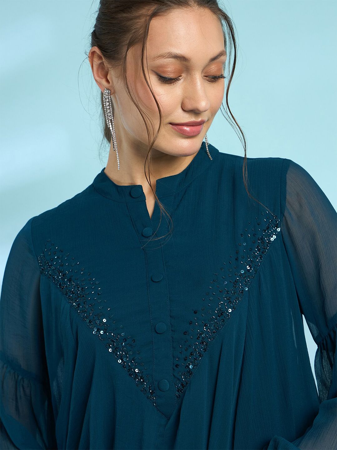 Antheaa Embellished Mandarin Collar Bell Sleeve Chiffon Top
