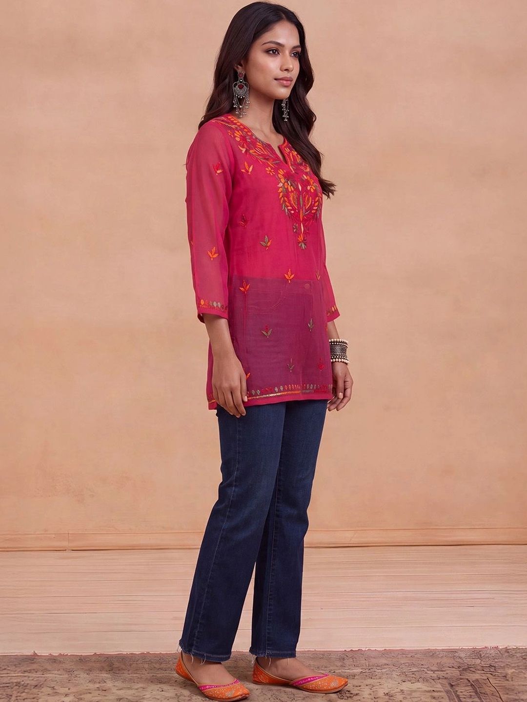Rumah Wanita Chikankari Kerja Benang Sulam Georgette Kurta
