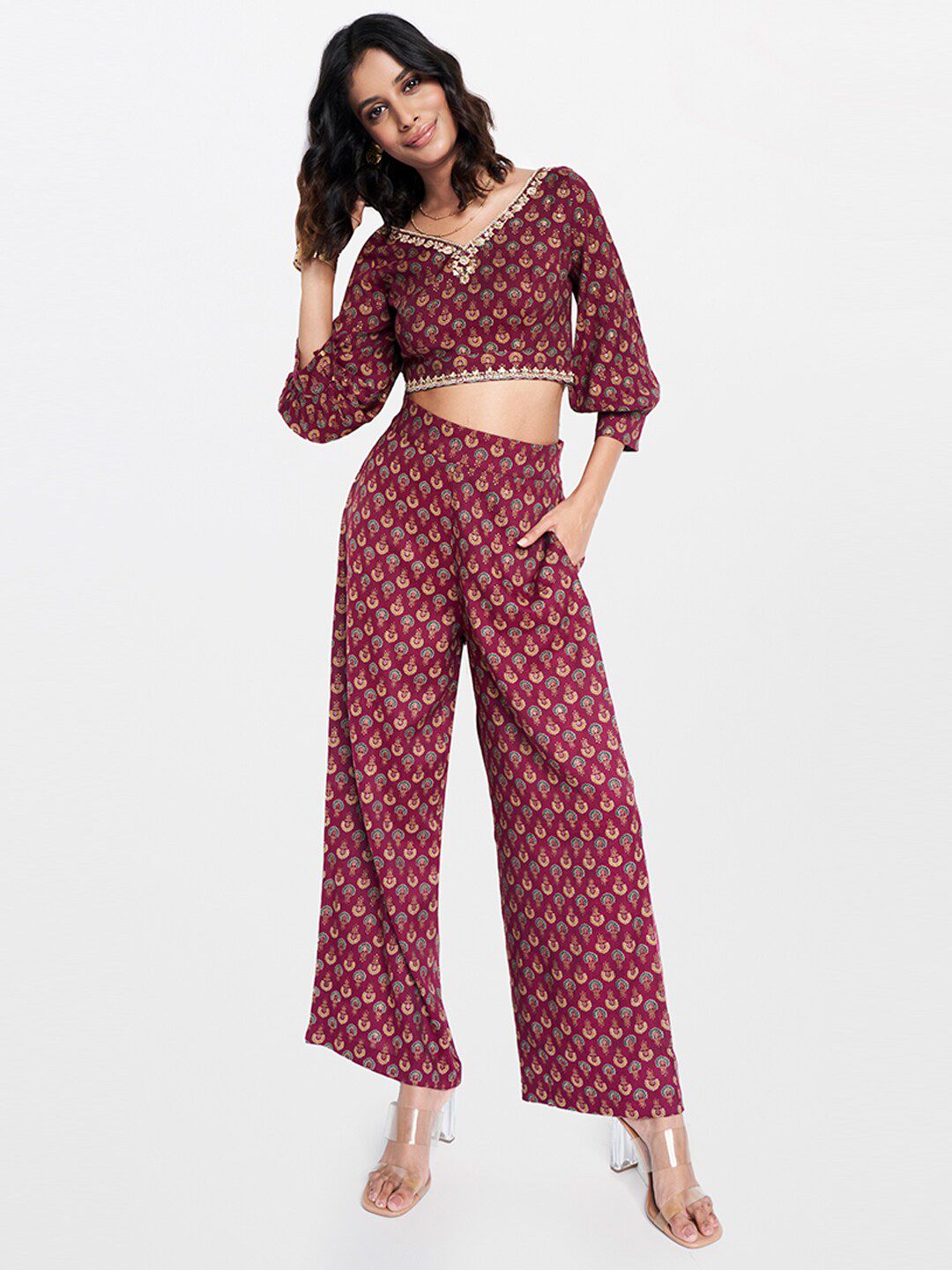 Global Desi Printed V-Neck Top & Palazzos