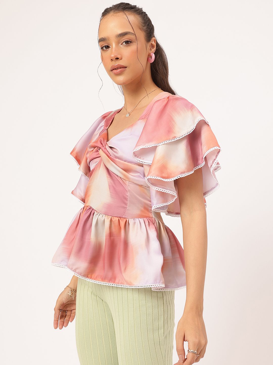 DressBerry Rainbow Radiance Printed Twisted Flutter Sleeves Peplum Top