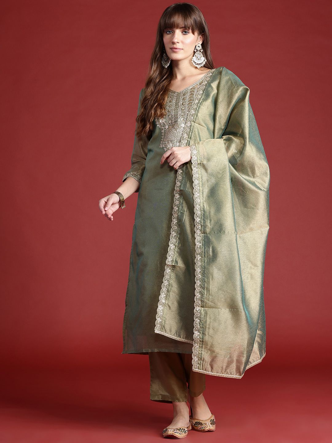 Indo Era Ethnic Motifs Embroidered Sequinned Liva Kurta With Trousers & Dupatta