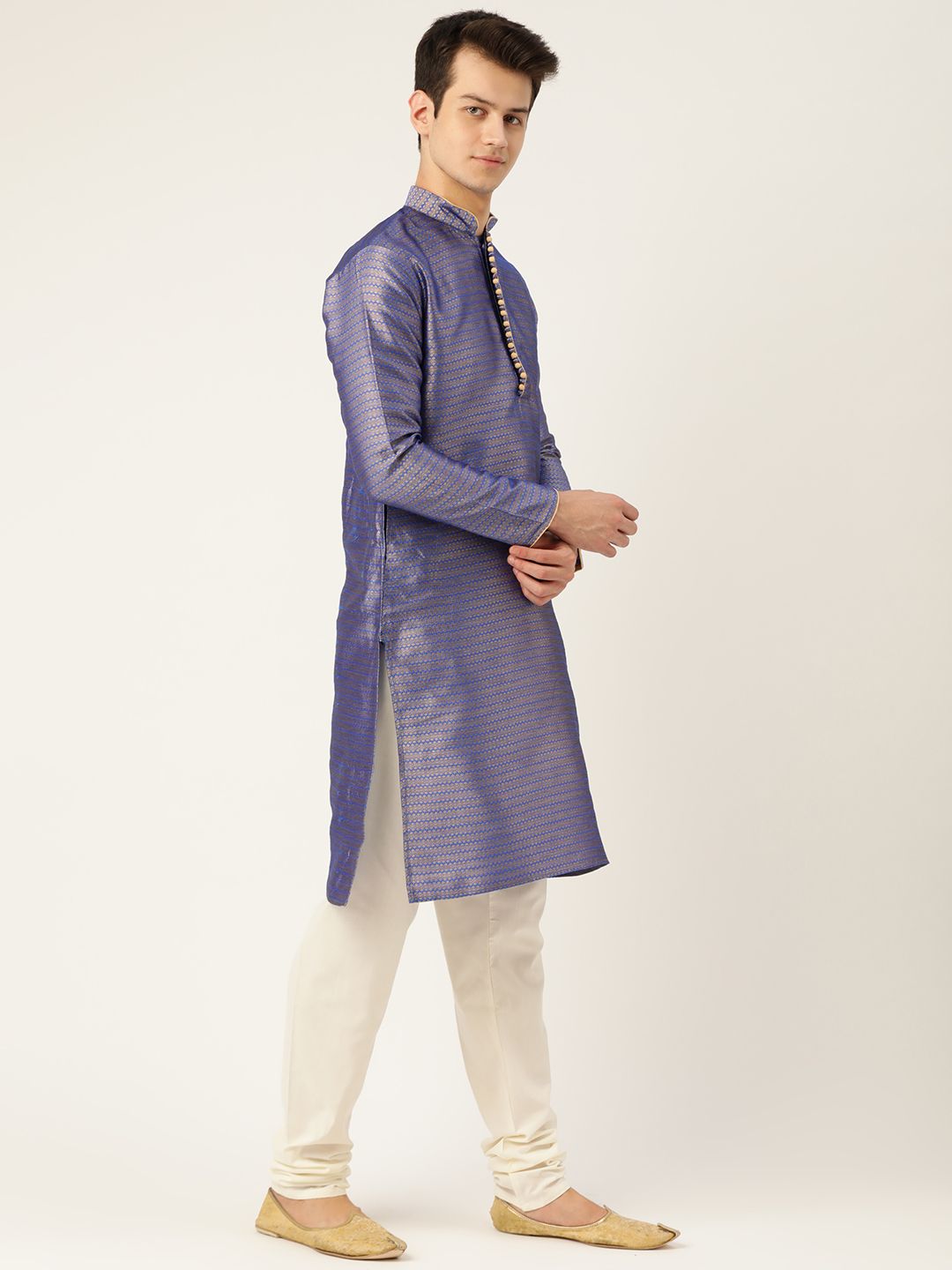 SOJANYA Men Blue & Golden Woven Design Straight Kurta