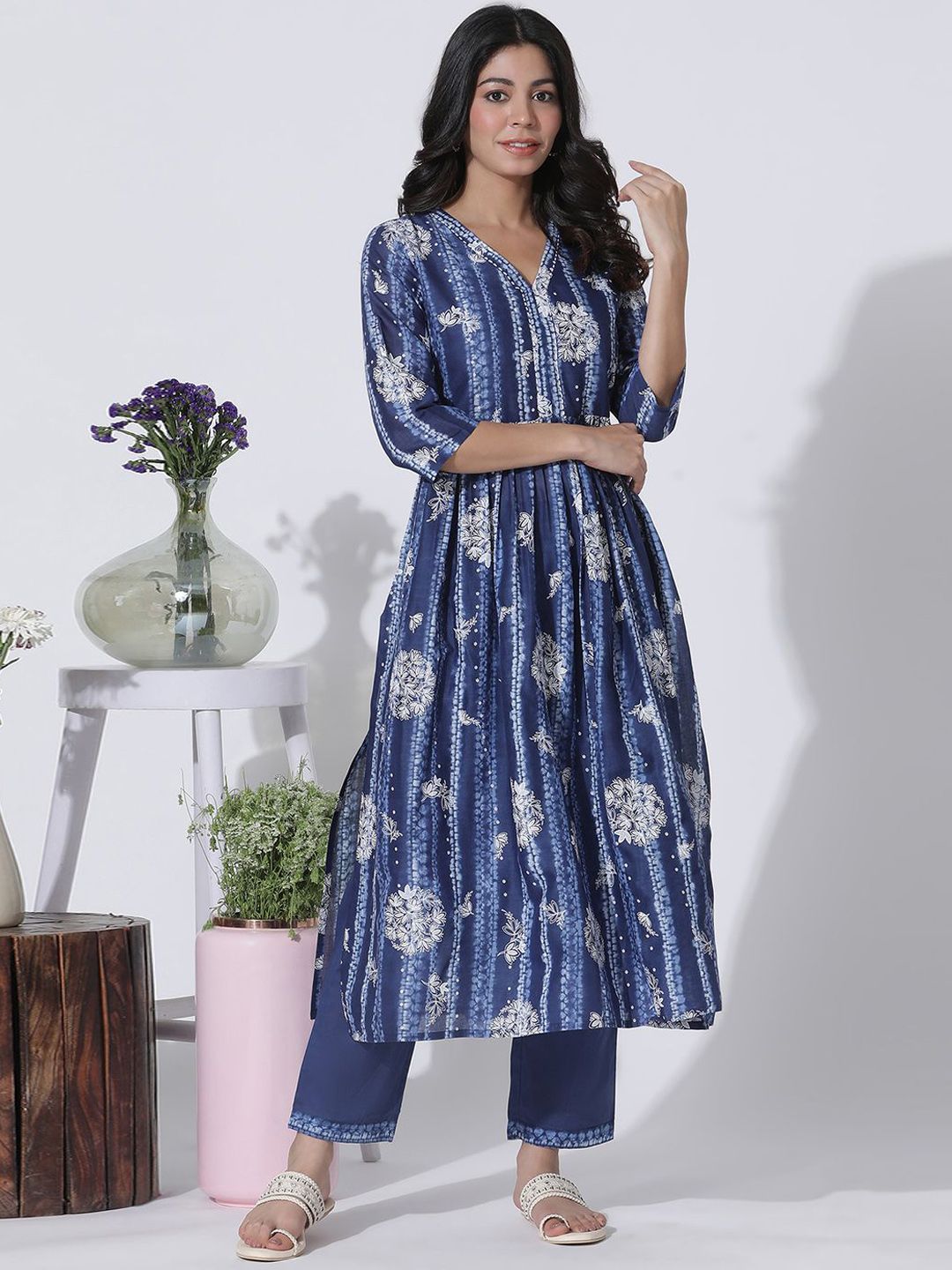 W Floral Printed Thread Work Pure Cotton Anarkali Kurta with Trousers