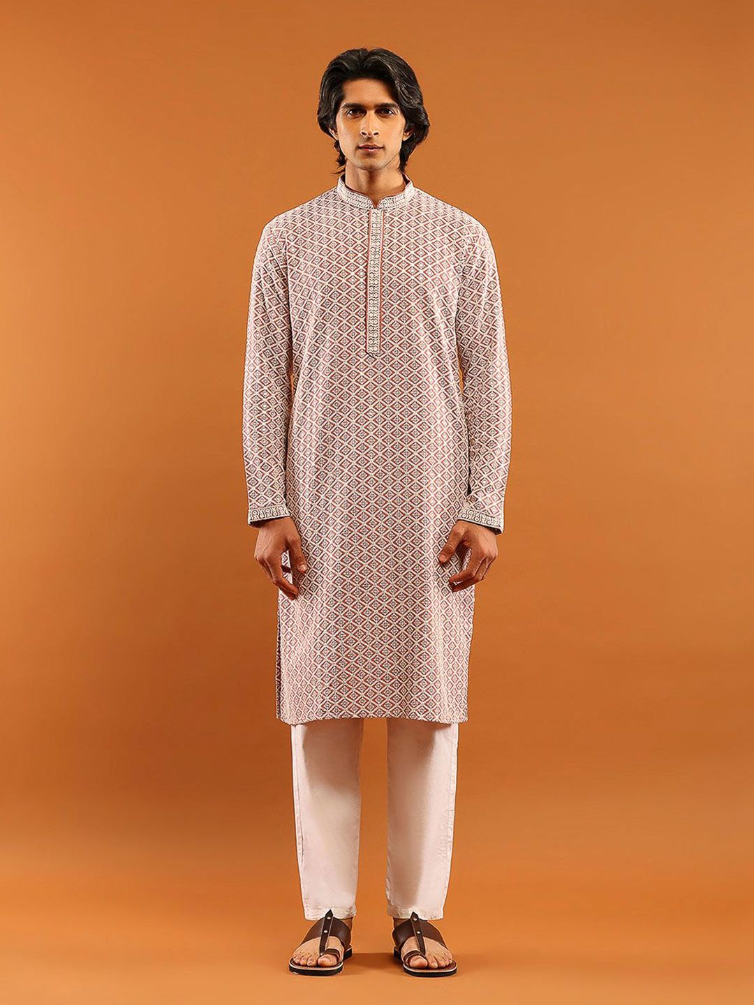 House of Chikankari Men Dusty Pink Rayon Embroidered Kurta