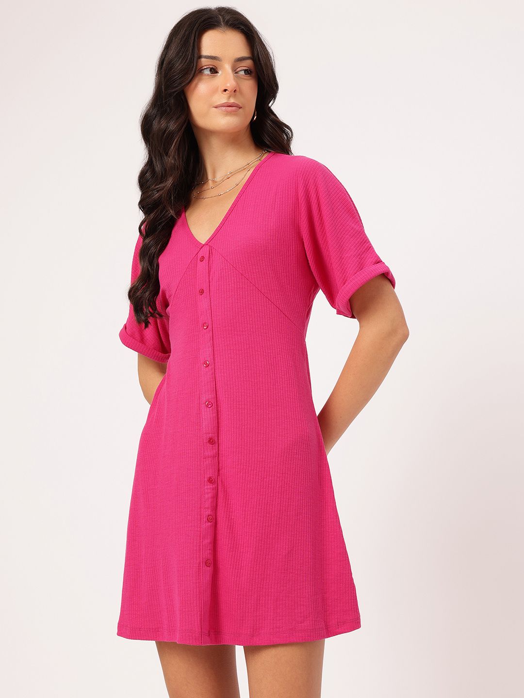 DressBerry Rib Knits Barbiecore Shirt-Style Dress