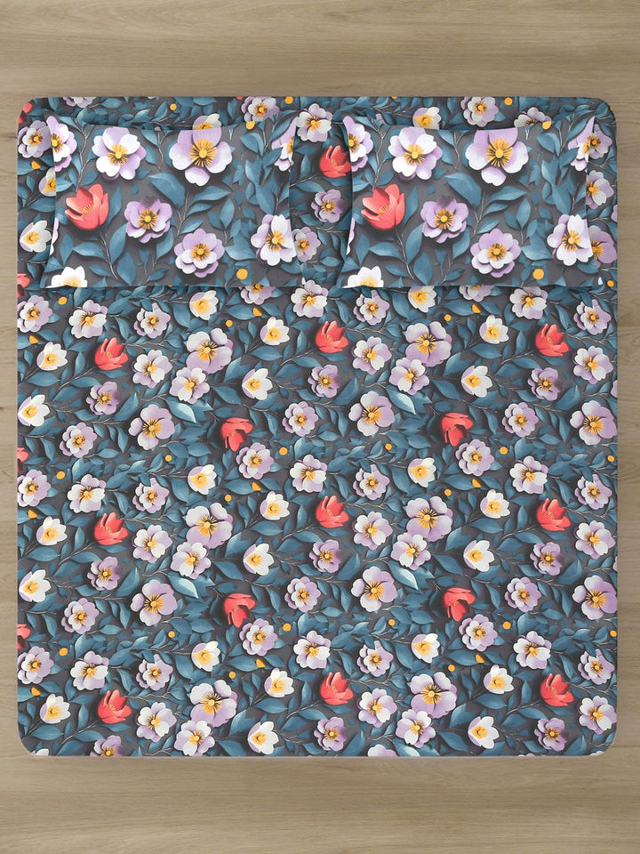KLOTTHE Blue & Yellow Floral Printed 300 TC King Double 7D Bedsheet With 2 Pillow Cover