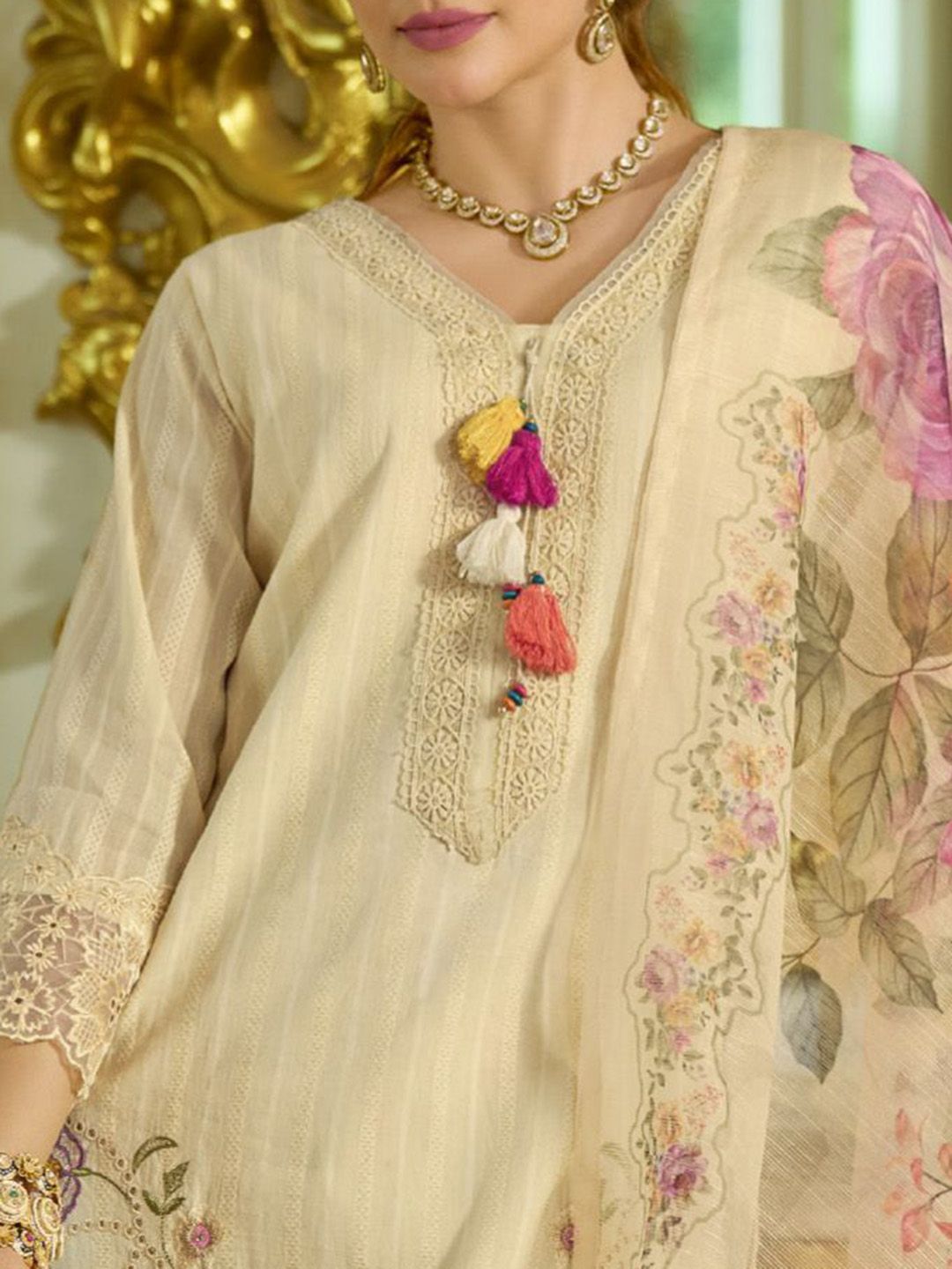 Varanga Nazrana Floral Thread Embroidered Schiffli Orangza Lace Kurta Trouser & Dupatta