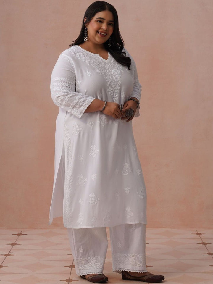 Rumah Motif Etnik Chikankari Viscose Rayon Kurta Panjang Betis Lurus