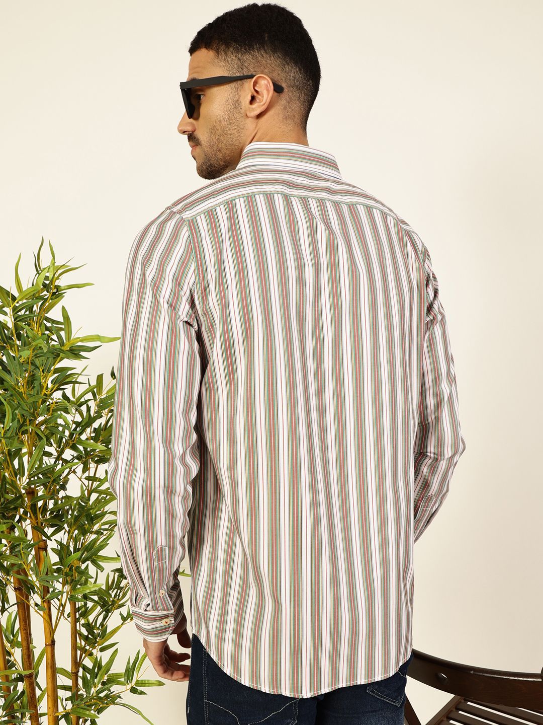 Thomas Scott Men Premium Spread Collar Multi Striped Cotton Slim Fit Casual Shirt