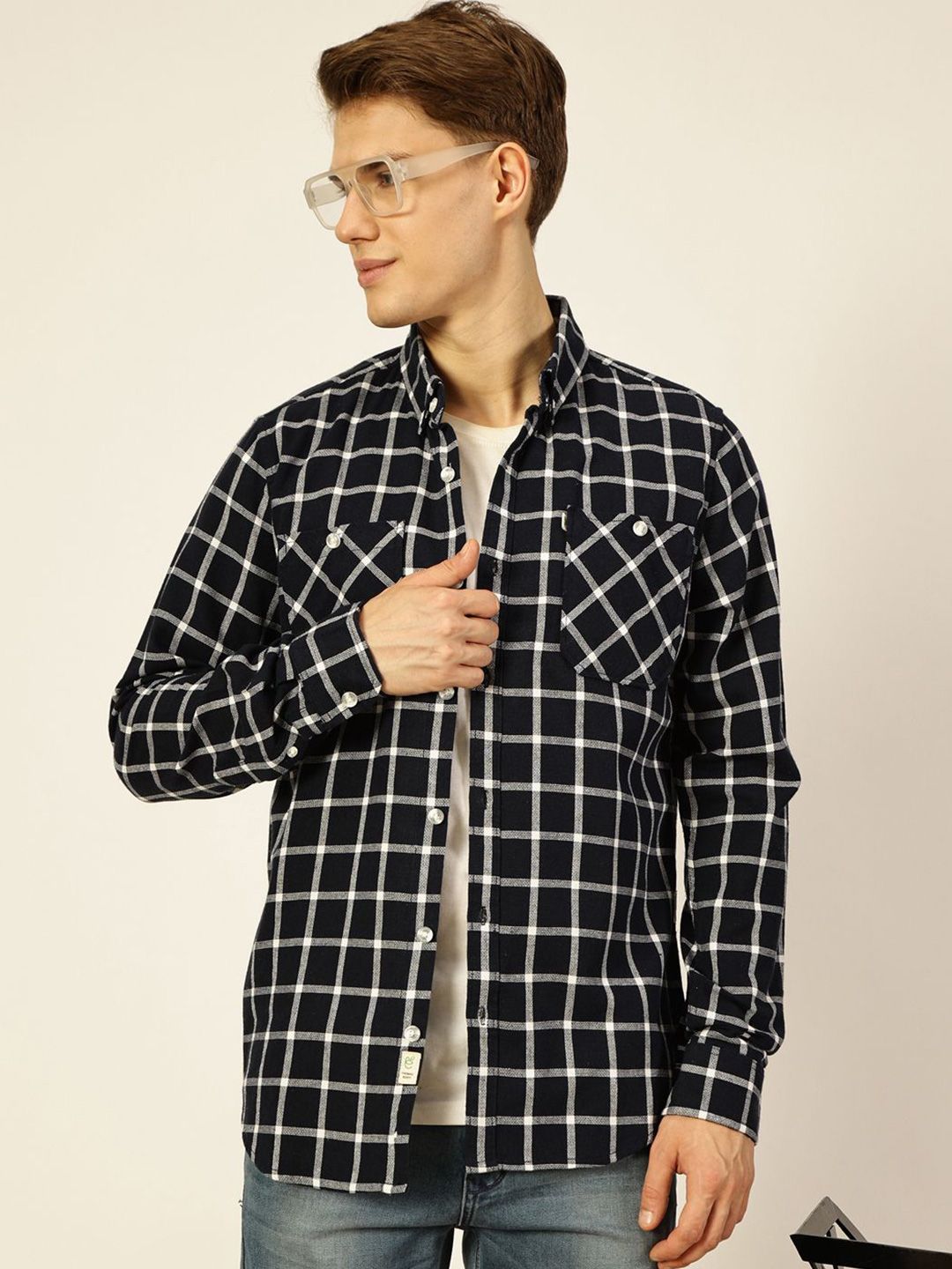 Thomas Scott Men Premium Button-Down Collar Gingham Checked Cotton Slim Fit Casual Shirt