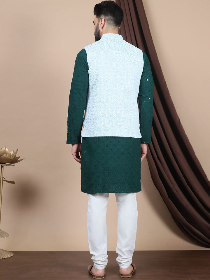 Anouk Floral Embroidered Sequinned Pure Cotton Straight Kurta With Churidar & Nehru Jacket