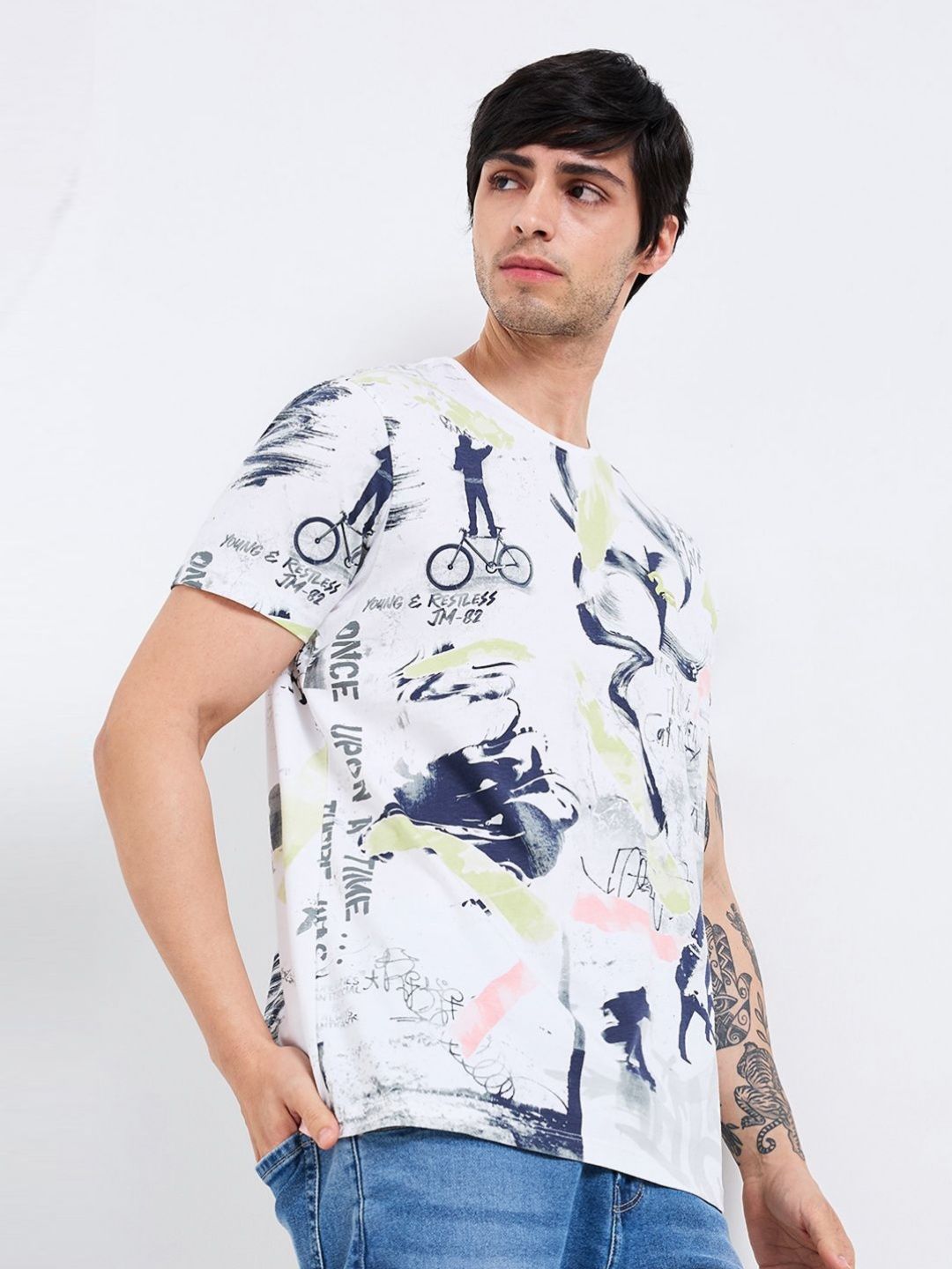 SPYKAR Men Abstract Printed Round Neck Cotton Slim Fit T-shirt