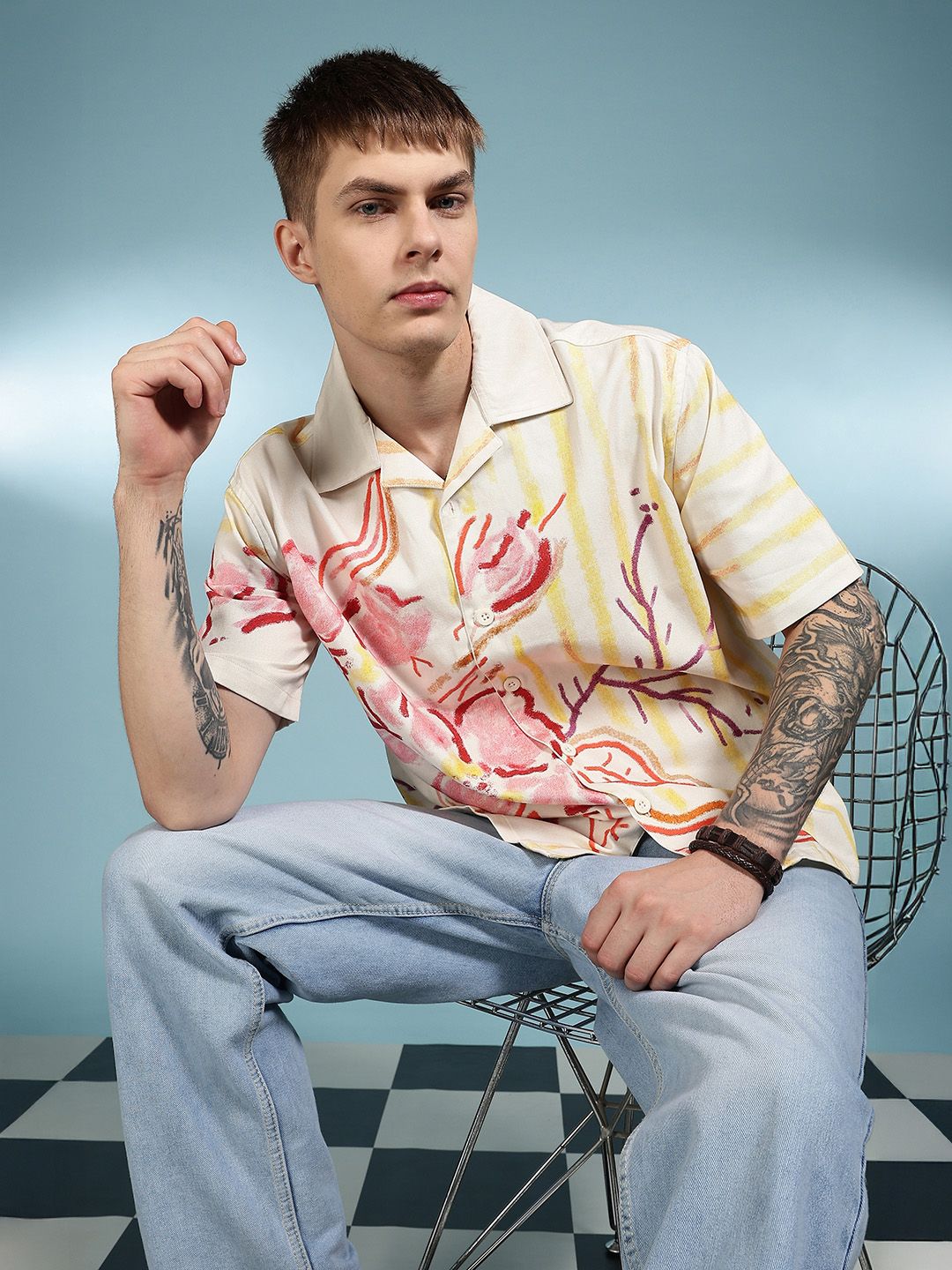 Eszett Men Floral Printed Cuban Collar Pure Cotton Casual Shirt