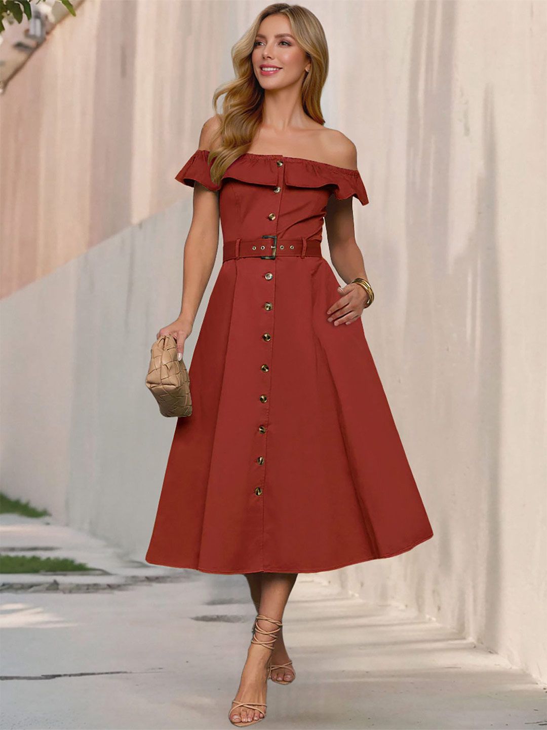 all about you Women Solid Belted Off-Shoulder A-Line Midi Dress