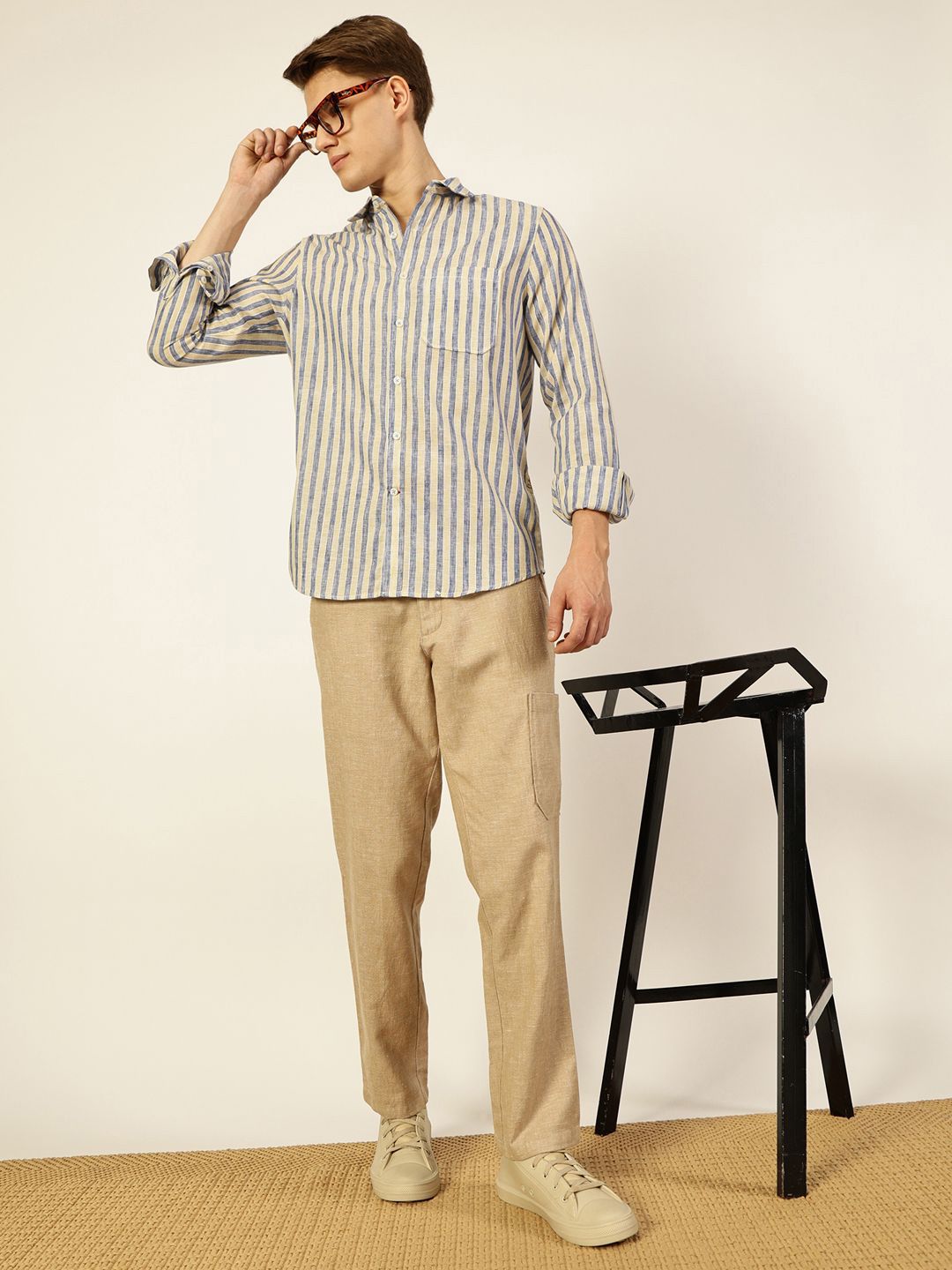 Thomas Scott Men Premium Spread Collar Vertical Striped Linen Slim Fit Casual Shirt