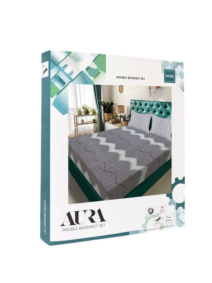 Aura Grey & White Geometric Printed 300 TC Fitted Double King Bedsheet Set-2.50 m X 2.25 m