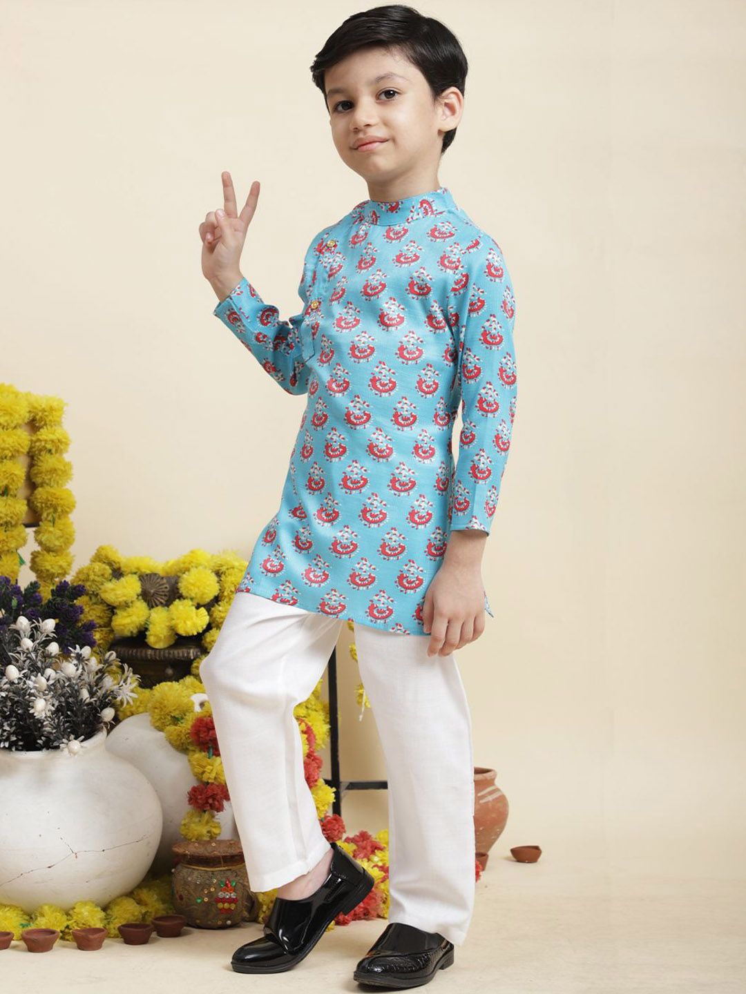 Cutiekins Boys Ethnic Motifs Printed Pure Cotton Kurta with Pyjamas