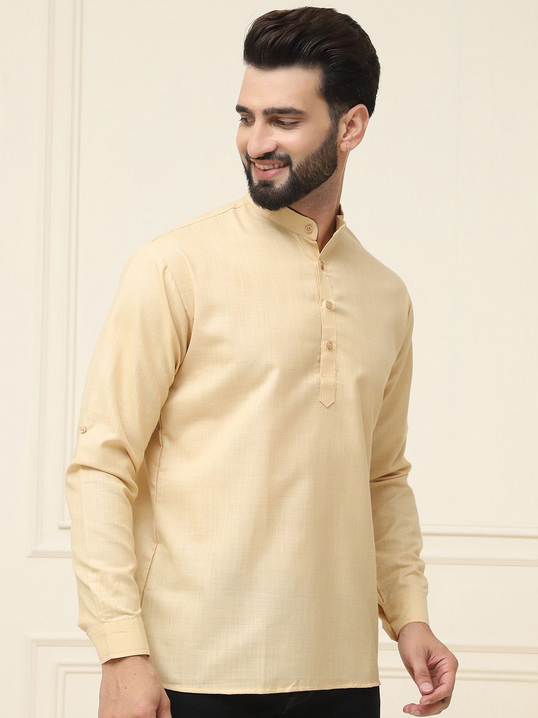SOJANYA Band Collar Neck Roll-Up Sleeves Regular Pure Cotton Straight Kurta
