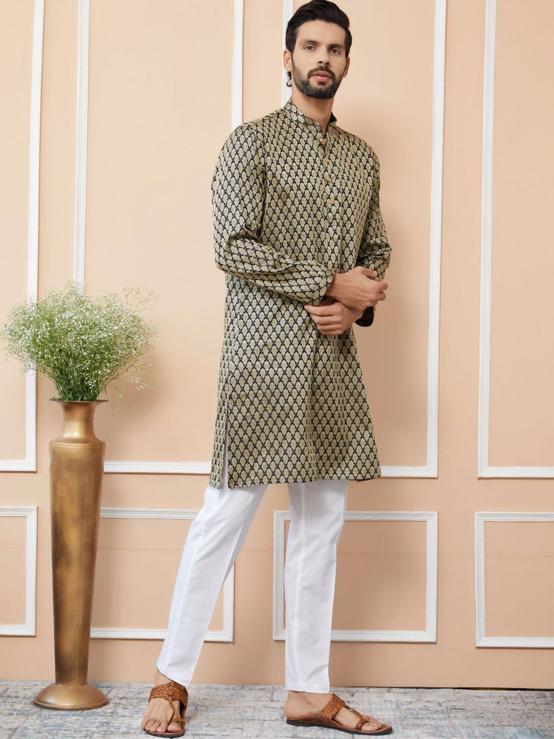 See Designs Ethnic Motifs Printed Mandarin Collar Jacquard Silk Straight Kurta
