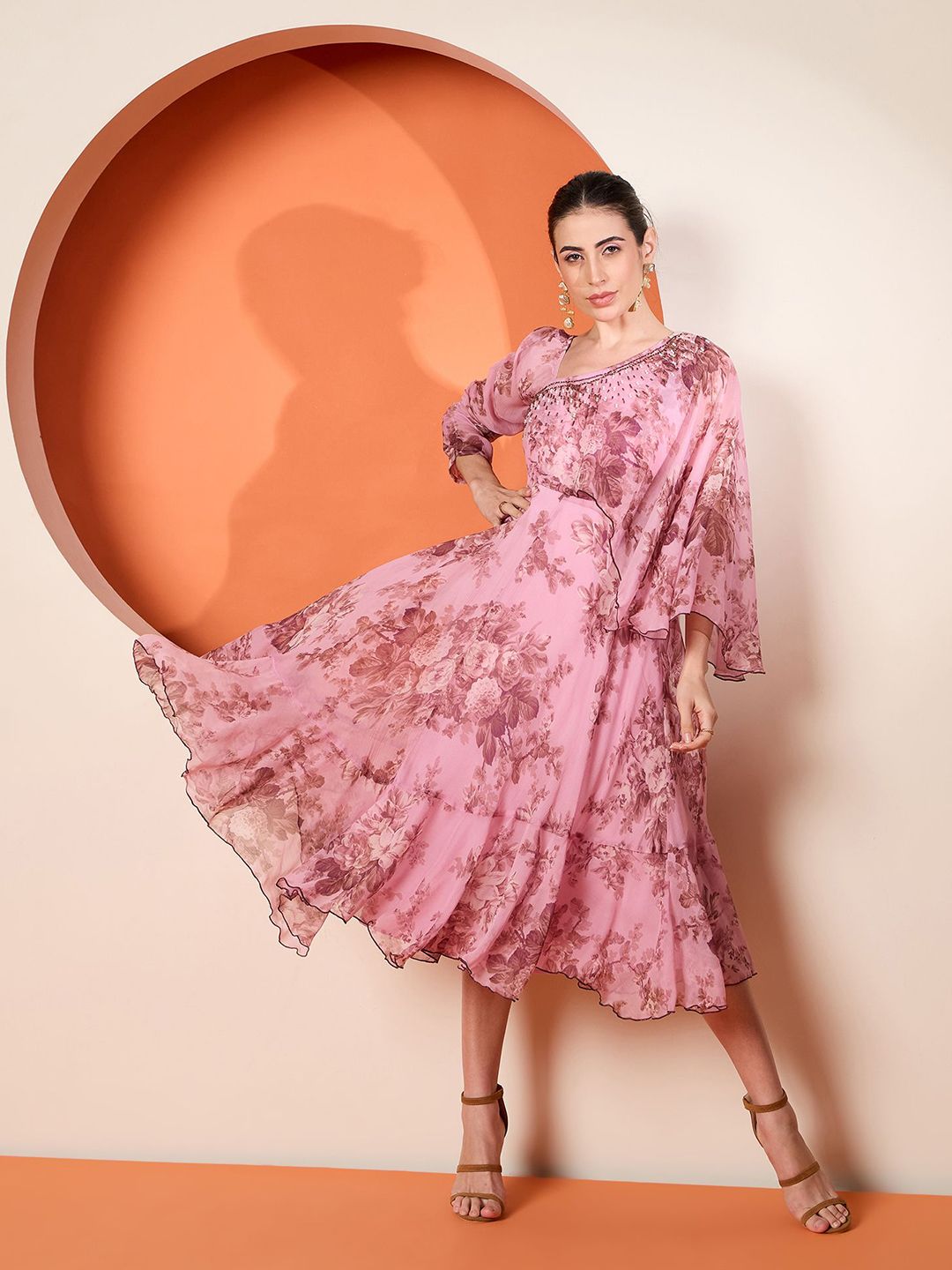 Antheaa Women Embellished Print Flared Sleeve A-Line Midi Dress