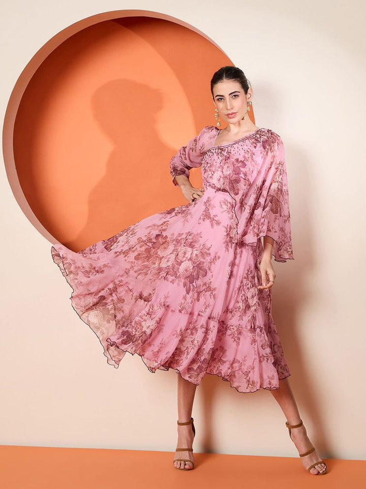 Antheaa Women Embellished Print Flared Sleeve A-Line Midi Dress