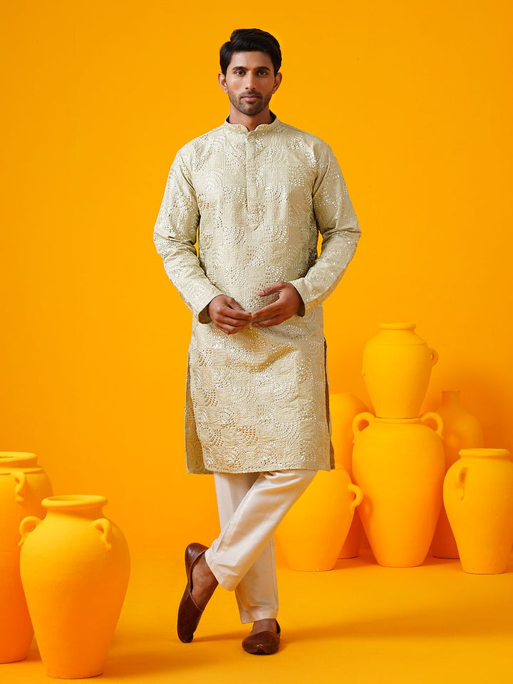 SOJANYA LUXE Bersulam Geometrik Kolar Mandarin Cotton Silk Kurta Lurus Dengan Seluar