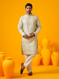 SOJANYA LUXE Bersulam Geometrik Kolar Mandarin Cotton Silk Kurta Lurus Dengan Seluar