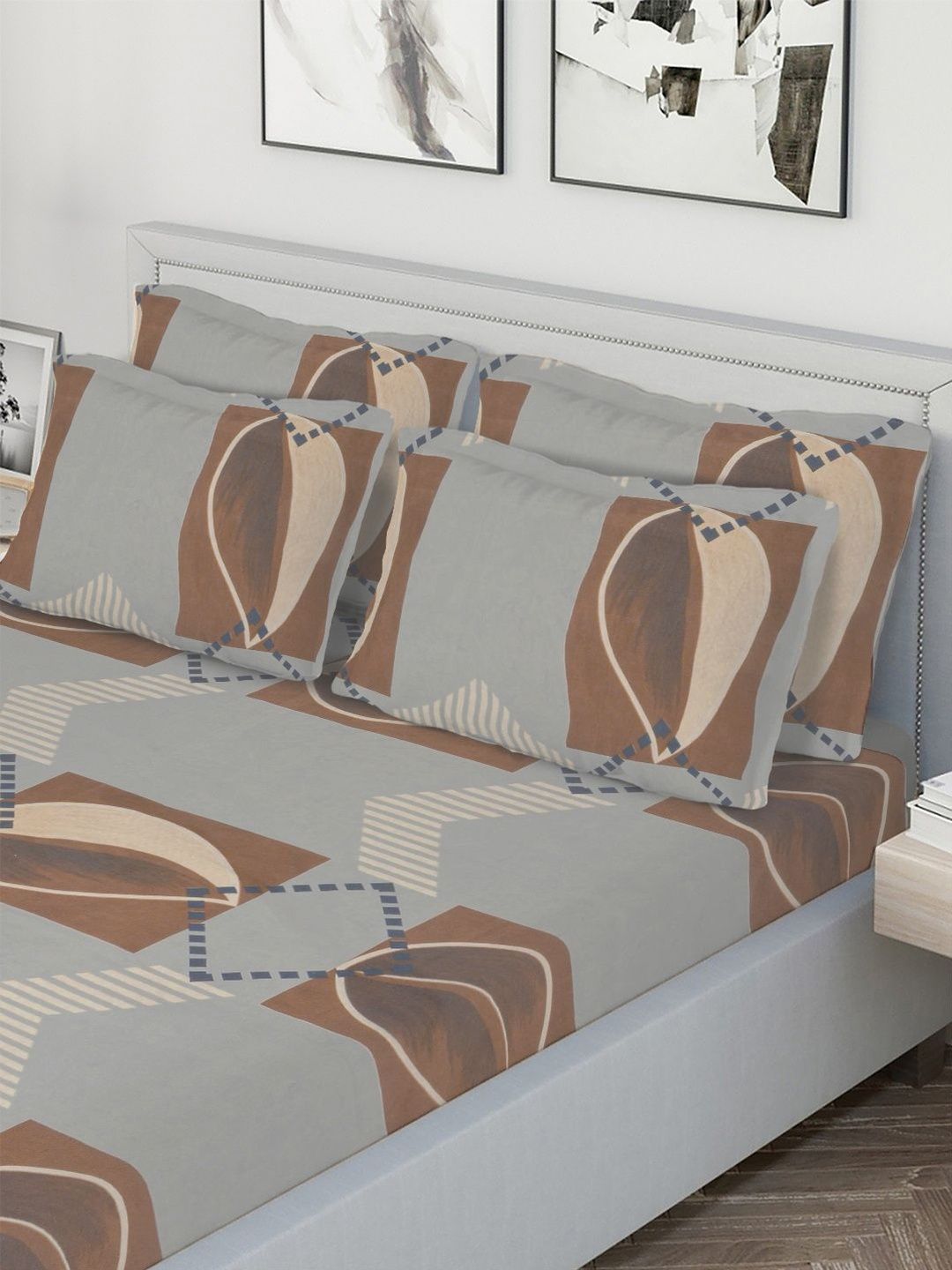 Myntra Elegant Homes Grey Geometric 300 TC King Bedsheet with 4 Pillow Covers