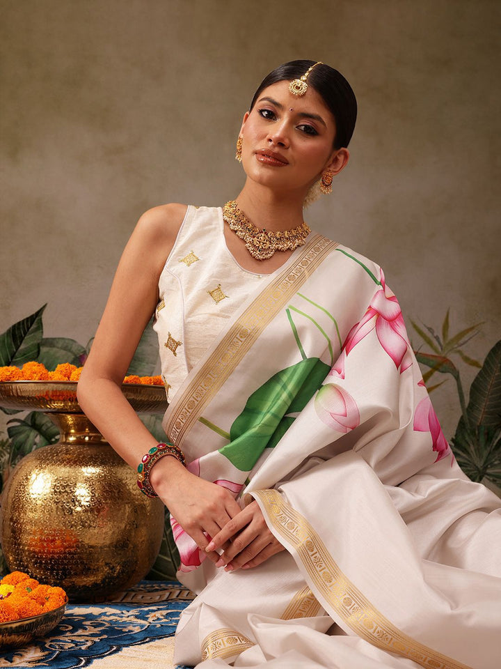 Silk Land Onam Special Floral Printed Kasavu Silk Saree