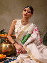 Silk Land Onam Special Floral Printed Kasavu Silk Saree