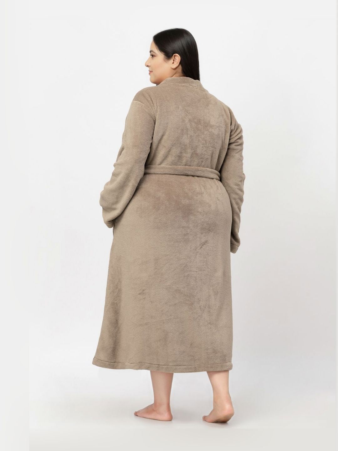 KLOTTHE Plus Size Brown Woollen Long Sleeves Bath Robe With Belt