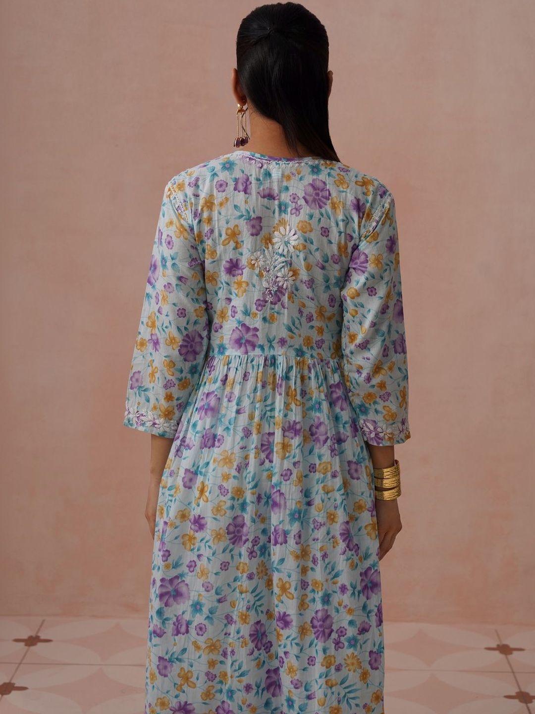 Pakaian Maxi A-Line Cetak Bunga Rumah Chikankari