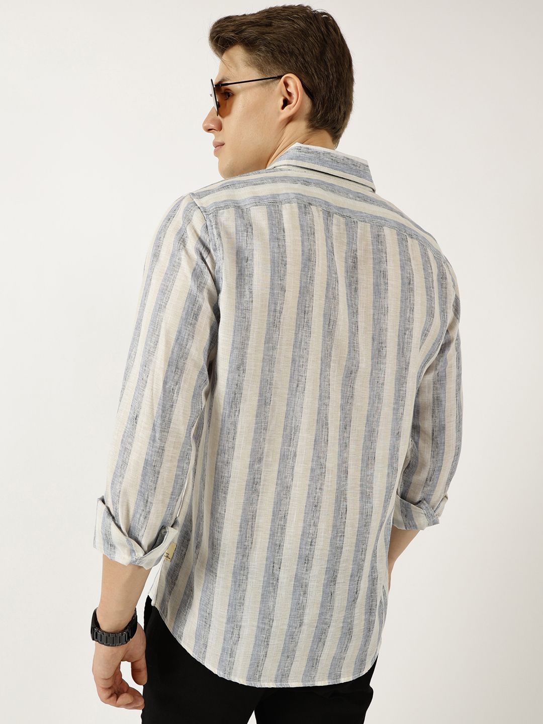 Thomas Scott Men Classic Spread Collar Vertical Striped Linen Slim Fit Casual Shirt