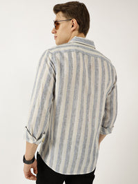 Thomas Scott Men Classic Spread Collar Vertical Striped Linen Slim Fit Casual Shirt